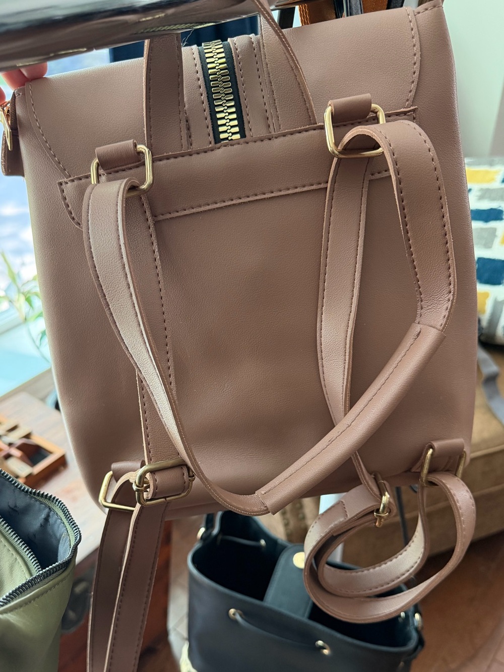 Women's Mauve Faux Leather Backpack with Gold Zip Accent - Picture 2 of 4